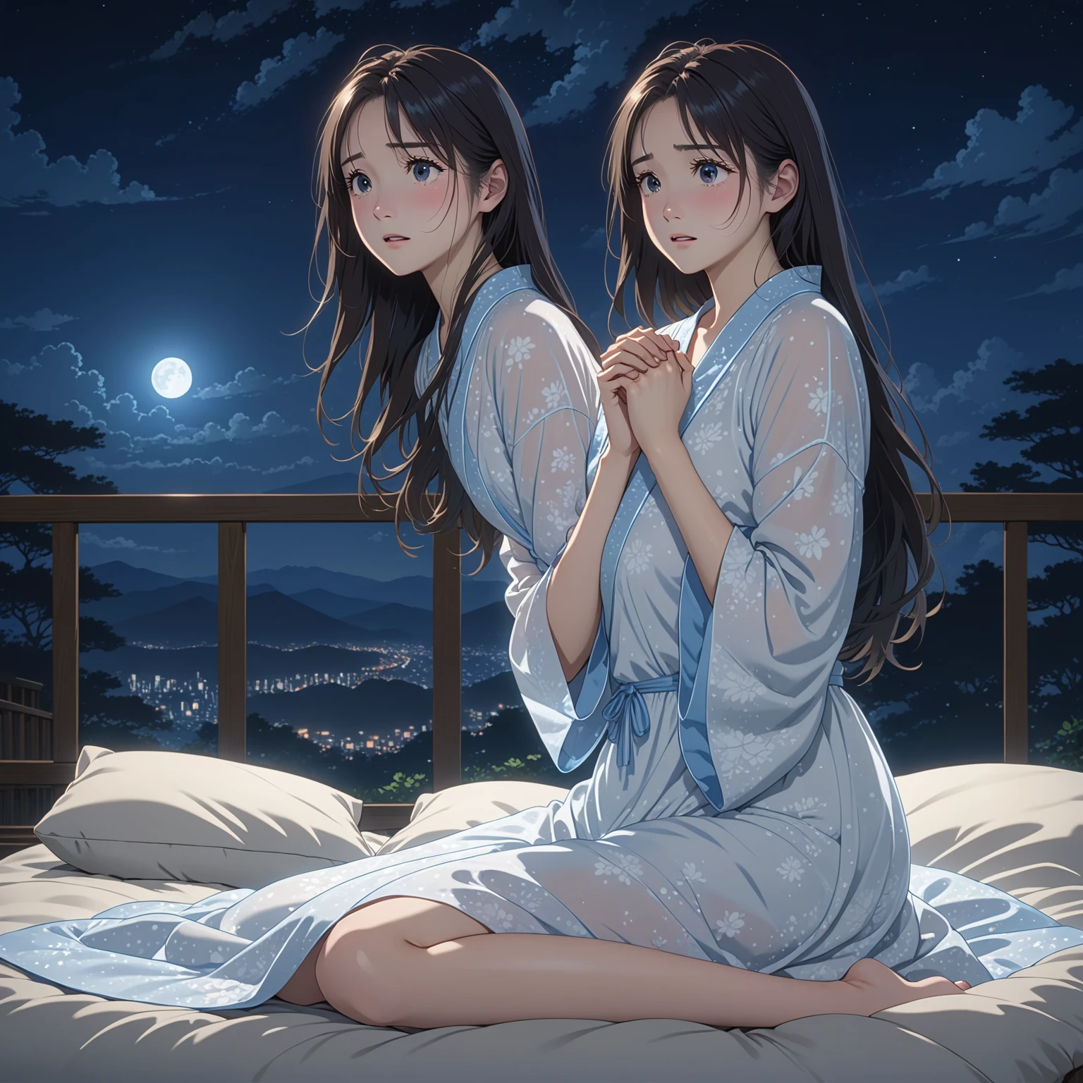 masterpiece, High resolution, illustration, kyoto animation style, Your name is cinematic style, night, midnight, moonlight, (1 female: 1.3), (alone: 1.4), long eyelashes, long hair, nose blushing, futon, embarrassed, transparent nightdress, cowboy shot, Hide with hands , Hide with hands, full body.