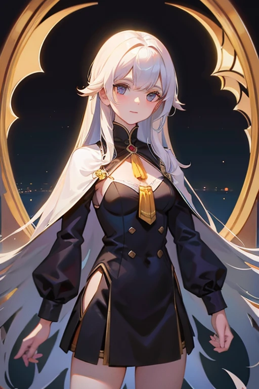 Masterpiece, highest quality, (solo focus), (perfect face: 1.1), (high detail: 1.1), dramatic, 1guy, (pale skin), long white hair, white eyes, [light eyebrows], man, solo, long hair, moon, night, white luxury suit, closed navel, plump lips, (beauty signs), gothic city, detailed background, art by Artgerm and Greg Rutkowski, cinematic lighting, roses, beautiful. Young man, slim waist, palms hidden under long sleeves, long white hair, blue eyes