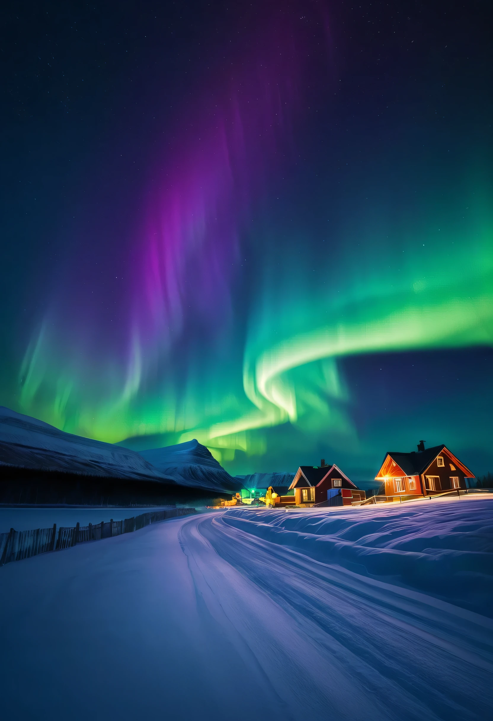 **Nikon photo of a gorgeous northern landscape with a small Village under a northern Lights Sky , Colorful winding Aurora Borealis, in the style of long exposure effect and motion blur, rim lighting against a pitch black background, luminance highlighted, detailed photorealism,