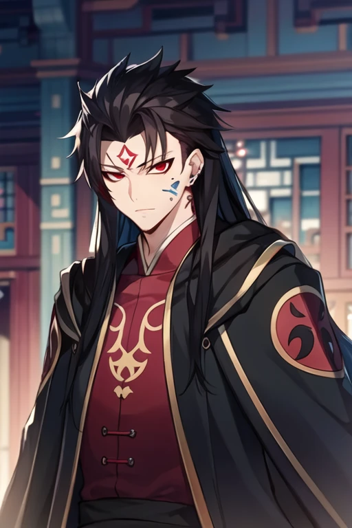 masterpiece,best quality,Game CG, vampire,emperor,Noble robes,1 boy,solo,Male focus,face tattoo,Looking at the audience,棕色Long hair,Red Eyes,Long hair,Black tattoo on forehead,Chinese clothing,