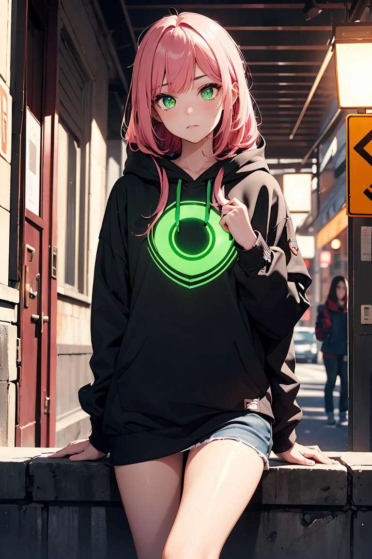 ((1 girl)), Sit with your knees up, disease, Red eyes, Red cheeks, indoor, latest trend clothes, neon blue hoodie, Street fashion,(Cowboy Shot) ,((Very detailed,highest quality, High resolution, 8k wallpaper, Beautiful clothes,)),((Pink Hair, Long Hair,Straight hair)), Expressionless, eye shadow, eyeliner,Glow Eye, Very detailedな目, Clear Eyes, Beautiful Eyes, ((Glowing green eyes)), 18-year-old girl.