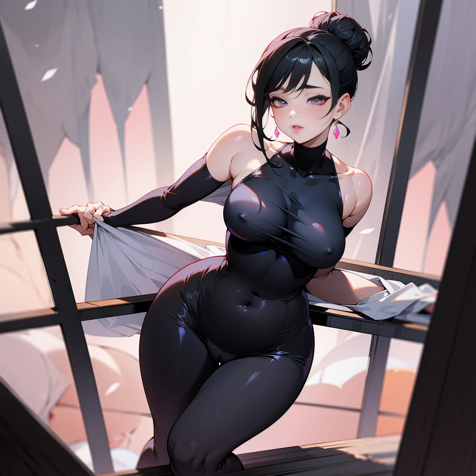 Sexy thick woman, black hair in a bun, plump face, seductive eyes, medium nose, perfect pink lips seductively parted, fairest skin, black long dress, stripping, exposing bare shoulders, very tight and transparent clothes, cameltoe, gorgeous breasts, gorgeous body.