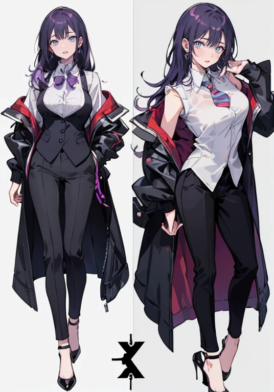 ((Perfect Face)),Purple Hair,voluminous long hair,1 female,bartender,suit,Black vest,Shirt with rolled up sleeves,tie,slit,High heels,,((Simple Background)),smile,((whole body)),((whole body)),Portraiture,virtual,upright,,both arms are down,Standing upright with face and body facing forward,