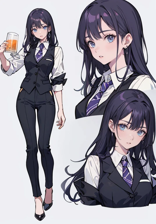 ((Perfect Face)),Purple Hair,voluminous long hair,1 female,bartender,suit,Black vest,Shirt with rolled up sleeves,tie,slit,High heels,,((Simple Background)),smile,((whole body)),((whole body)),Portraiture,virtual,upright,,both arms are down,Standing upright with face and body facing forward,