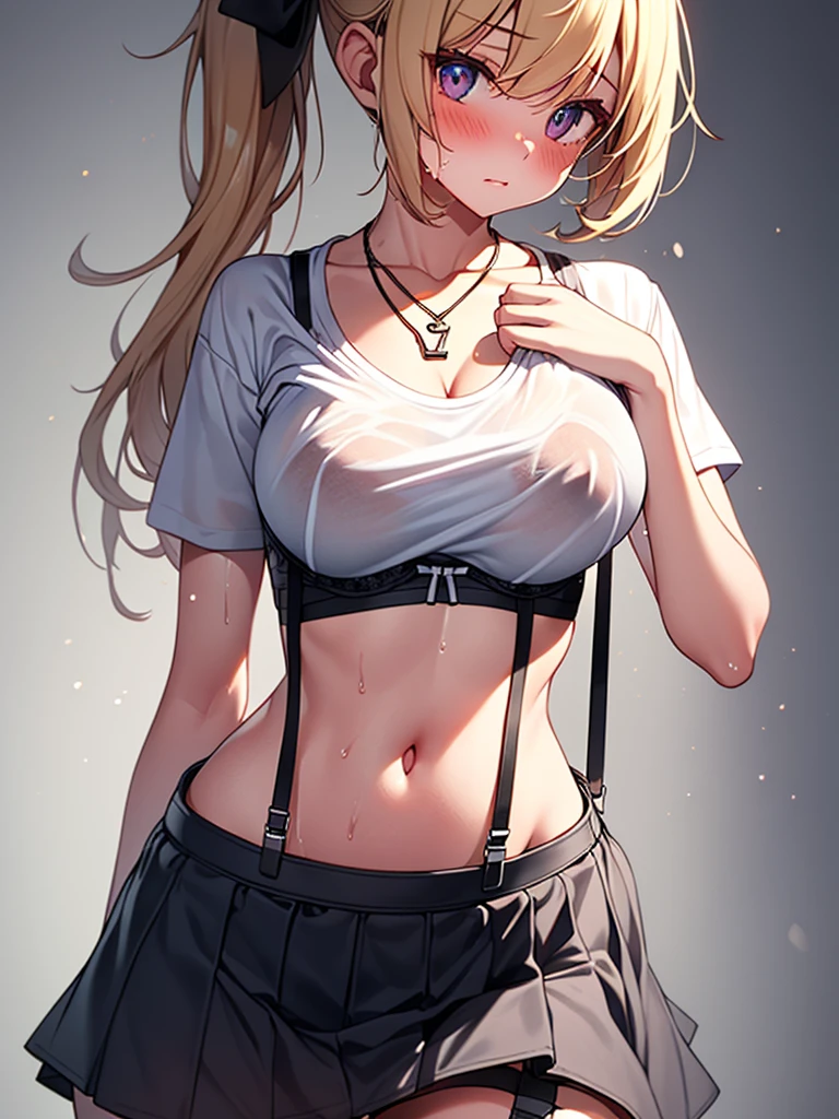 (highest quality, High resolution, perfect pixel, Depth of bounds written, 4K), (from above), detailed eyes, (1 girl), perfect body, medium , blond hair, (side ponytail), (white t-shirt lift:1.5), (show off bra), (v-neck), (black suspender skirt), necklace, (kneehighs), bellybutton, (standing), breast (looking up), blush, embarrassed, wet,