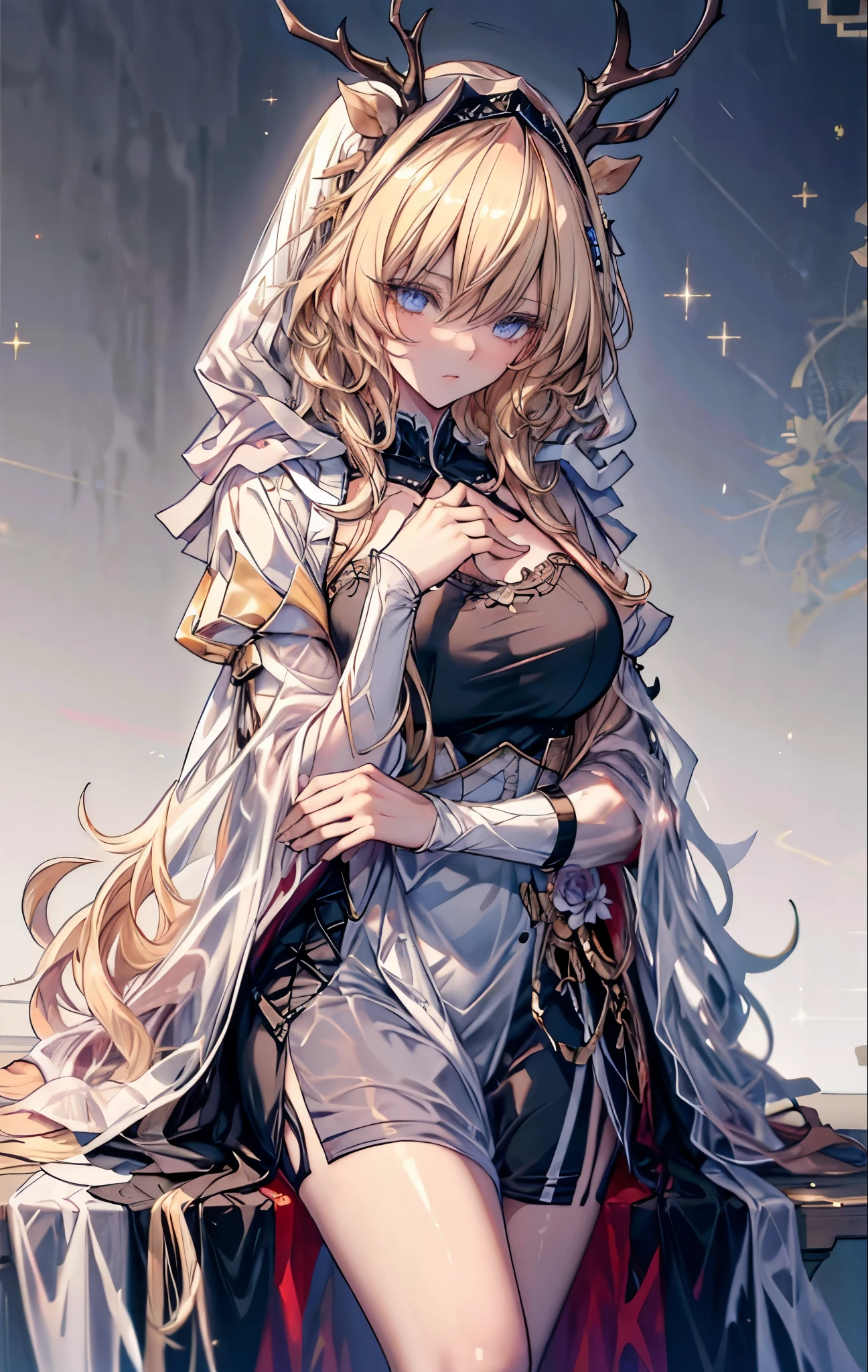 masterpiece, best quality, high resolution, SA1, Gorgeous gold lace and black ruffle dress, Shining eyes, thigh, Fake eyelashes, cute atmosphere, Straight Hair, Black ribbon on head,  there are many flowers around,