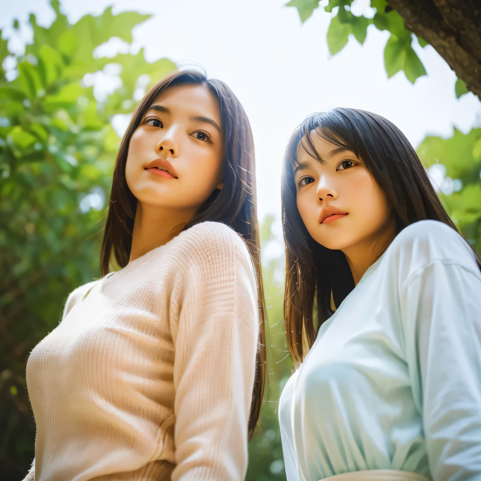 identical twin sisters、(highest quality, High resolution, masterpiece, realistic:1.2),(HDR, Bright colors),2 girls, Japanese, not wearing anything, big , slender and slender body, beautiful face, detailed facial features, pose for a photo,outdoor, professional dynamic lighting, (close:1.3, seen from below), detailed expression, natural pose, green background with fog, cool tone, cozy atmosphere, photon mapping