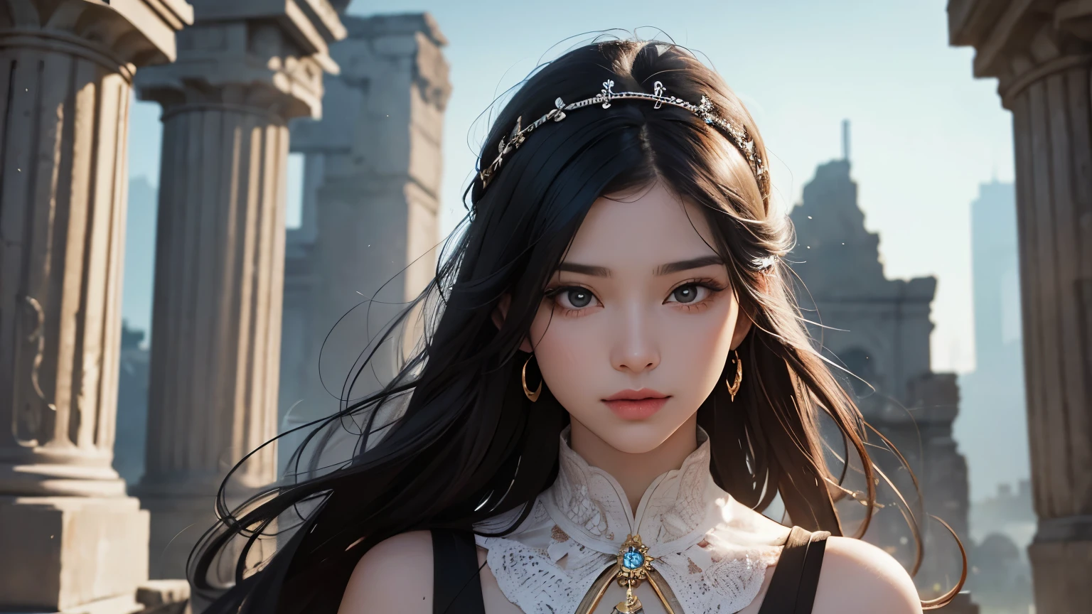 one beautiful woman。Twenty years old。Black Hair。Detailed drawing of faces。Beautiful double eyelids。Straight nose。well-shaped lips。She has a serious look on her face.。She is dressed as an explorer。There are ancient ruins in the space behind her.