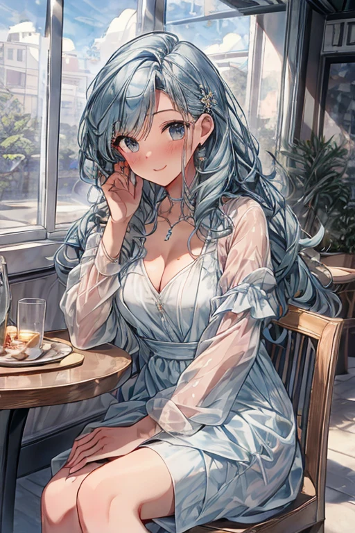 (higher resolution, distinct_image) The best quality, a woman, masterpiece, highly detailed, semi realistic, 26 years old, beautiful, young, handsome, interlaced white blue dress, small gem necklace on neck, exterior, cafe seat, window, sitting, afternoon, blush, smiling