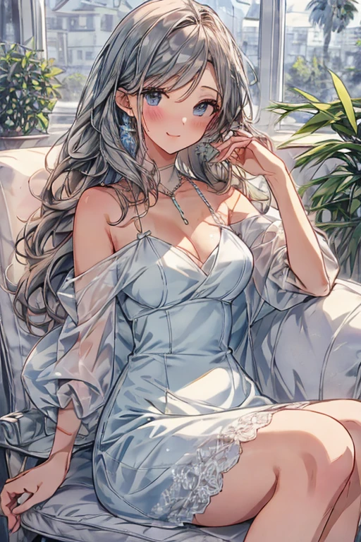 (higher resolution, distinct_image) The best quality, a woman, masterpiece, highly detailed, semi realistic, 26 years old, beautiful, young, handsome, interlaced white blue dress, small gem necklace on neck, exterior, cafe seat, window, sitting, afternoon, blush, smiling