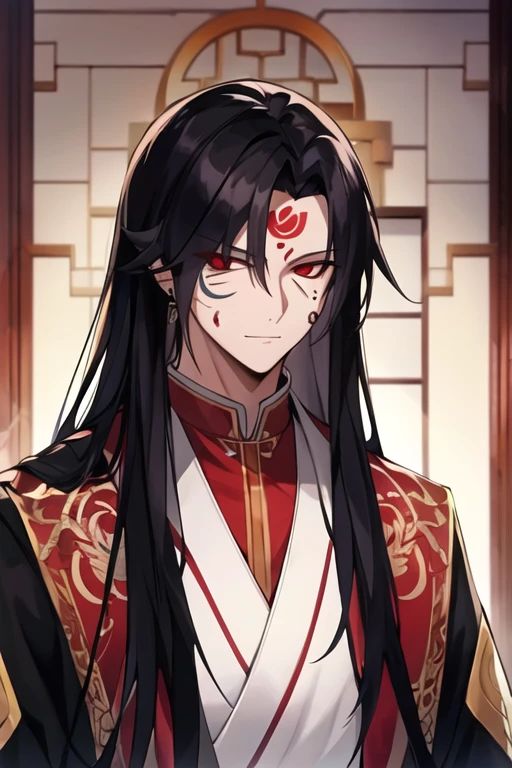 masterpiece,best quality,Game CG, vampire,emperor,Noble robes,1 boy,solo,Male focus,face tattoo,Looking at the audience,棕色Long hair,Red Eyes,Long hair,Black tattoo on forehead,Chinese clothing,