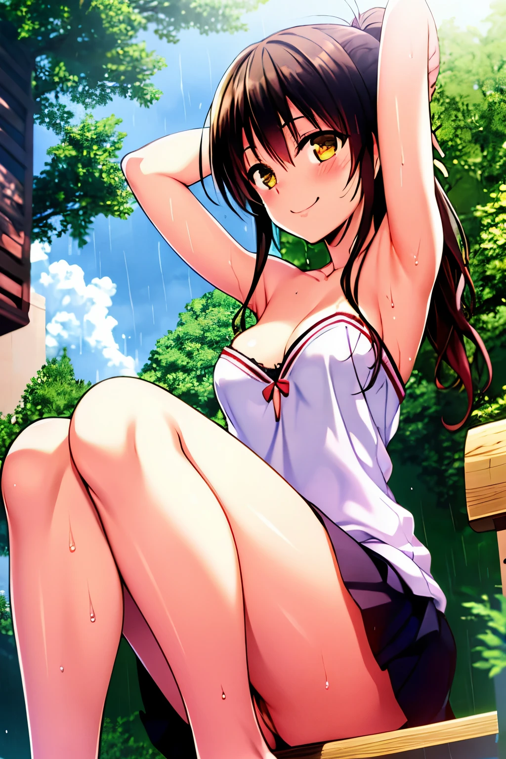 As a matter of fact, 1 woman, 8K resolution, ponytail, brown eyes, glowing eyes, white short skirt, Blush, during the day, sunlight, strapless, Wet from the rain., break through, Sit with your knees raised., target, tits, smile, pussy, armpit, yuki mikan,