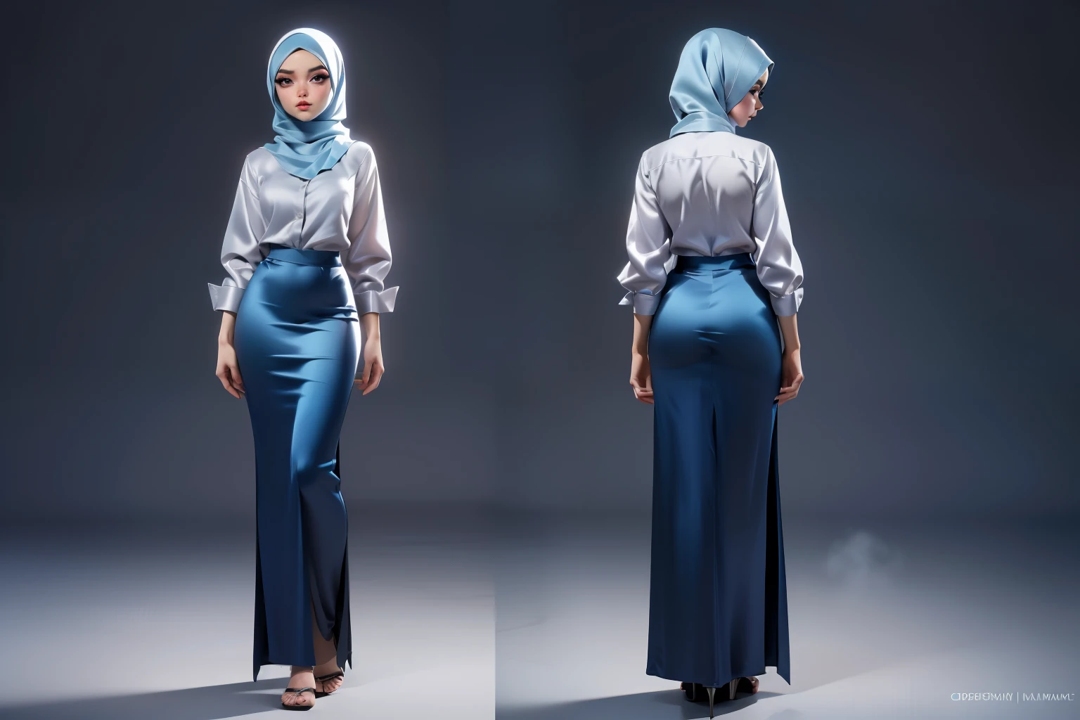 Character Design - a character design sheet of ((Masterpiece, best quality, photography, detailed skin, realistic, photo-realistic, 8k, highly detailed, full length frame, High detail RAW color art, diffused soft lighting, shallow depth of field, sharp focus, hyperrealism, cinematic lighting, hijab, a woman in a beautifully makeup, smokey eyeshadow, beautiful big eyes, long eye lashes, wearing (Dark blue satin hijab), loosely tide hijab style, ((gray satin shirt)), satin long maxi skirt, CDMM style, front, side and back views