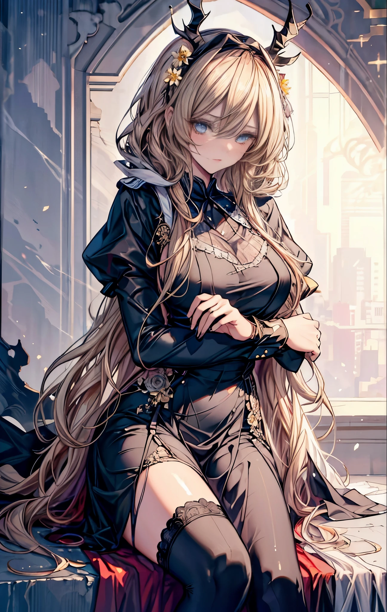 masterpiece, best quality, high resolution, SA1, Gorgeous gold lace and black ruffle dress, Shining eyes, thigh, Fake eyelashes, cute atmosphere, Straight Hair, Black ribbon on head, there are many flowers around,