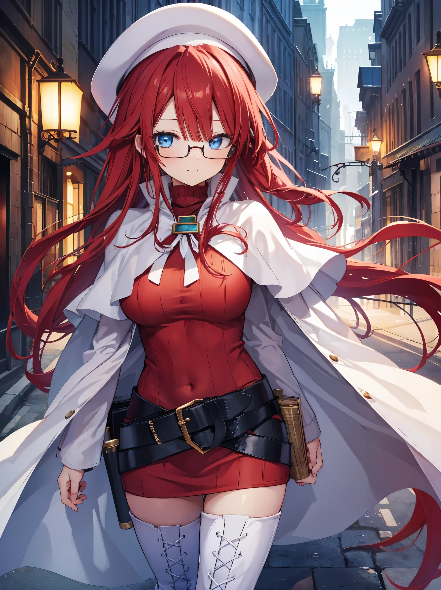 summonnightaty, aty, long hair, blue eyes, red hair, beret, hat, glasses,
BREAK long hair, thighhighs, hat, dress, boots, glasses, belt, cape, sweater, zettai ryouiki, beret, thigh boots, white footwear, ribbed sweater, loose belt,solo,
BREAK outdoors, fantasy,on_a_ship,
BREAK (masterpiece:1.2), best quality, high resolution, unity 8k wallpaper, (illustration:0.8), (beautiful detailed eyes:1.6), extremely detailed face, perfect lighting, extremely detailed CG, (perfect hands, perfect anatomy),covered_nipples,covered_navel,light_smile ,(half_eyes:1.4),sword,armpit,sleepy,dynamic_standing,barrel,red_sweater,apart_legs,magical_effect,pulmp,big_tits,