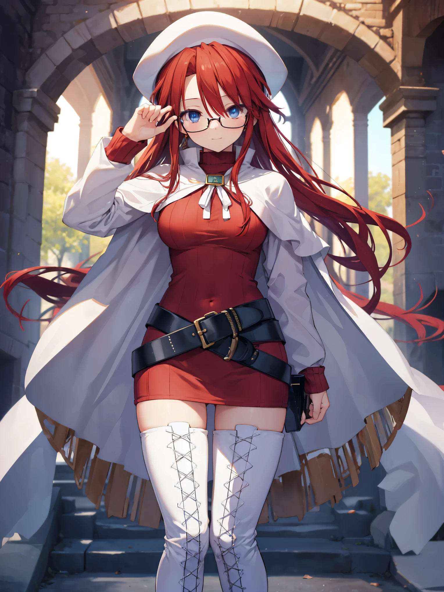 summonnightaty, aty, long hair, blue eyes, red hair, beret, hat, glasses,
BREAK long hair, thighhighs, hat, dress, boots, glasses, belt, cape, sweater, zettai ryouiki, beret, thigh boots, white footwear, ribbed sweater, loose belt,solo,
BREAK outdoors, fantasy,on_a_ship,
BREAK (masterpiece:1.2), best quality, high resolution, unity 8k wallpaper, (illustration:0.8), (beautiful detailed eyes:1.6), extremely detailed face, perfect lighting, extremely detailed CG, (perfect hands, perfect ???????),covered_nipples,covered_navel,light_smile ,(half_eyes:1.4),sword,armpit,sleepy,dynamic_standing,barrel,red_sweater,apart_legs,magical_effect,pulmp,big_tits,