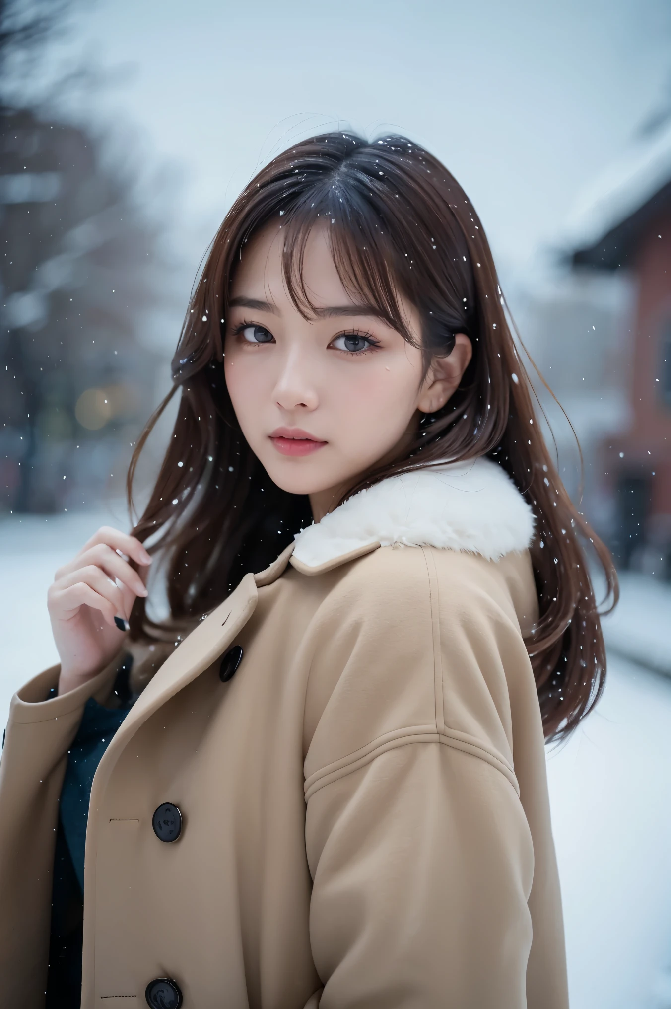 (Tabletop、highest quality、8k、Award-winning works、Ultra-high resolution)、One beautiful woman、(Elegant and high quality coat:1.1)、The perfect coat、brown hair、Spectacular Cinema Lighting、(The most romantic and moody atmosphere:1.1)、winter、Snow Scene、it's snowing、(Walking in the snow in Northern Europe:1.1)、look at me、big breasts、Accentuate your body lines、blurred background、Accurate anatomy、Ultra HD Hair、Ultra-high resolutionの完璧な美しい歯、Ultra-high definition beauty face、Ultra HD Hair、Ultra-high resolutionの輝く瞳、輝くUltra-high resolutionの美肌、Ultra-high resolutionの艶やかな唇、(Face close-up:1.1)