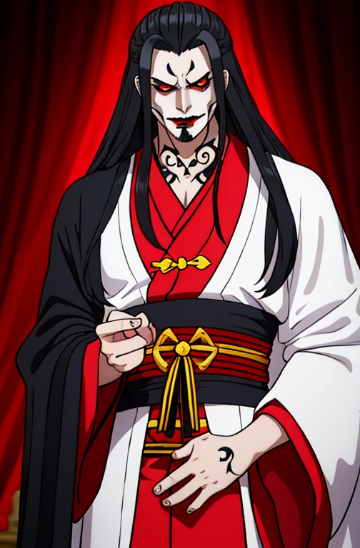 masterpiece,best quality,Game CG, vampire,emperor,Noble robes,1 boy,solo,Male focus,face tattoo,Looking at the audience,棕色Long hair,Red Eyes,Long hair,wear,Chinese clothing,