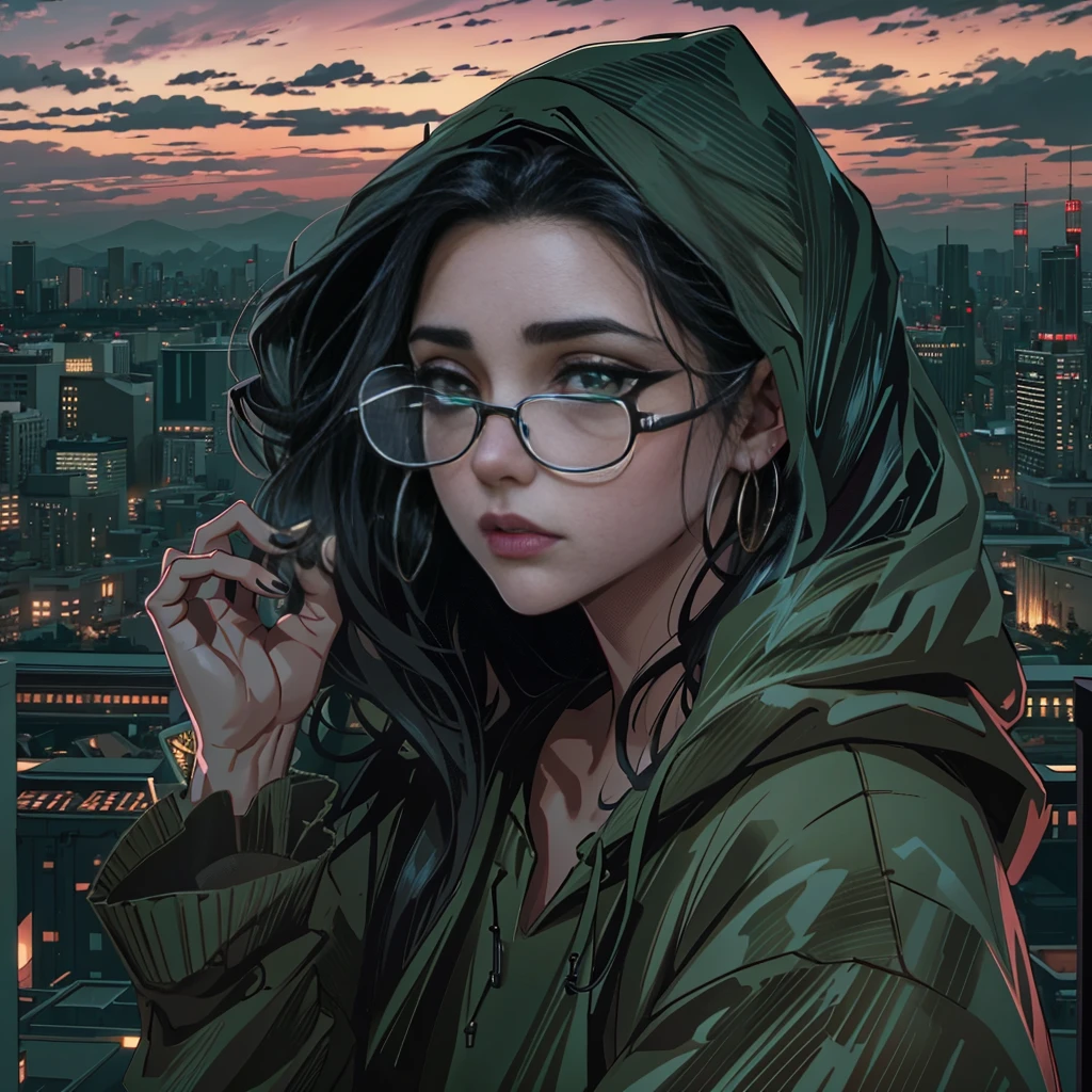 Best quality, volumetric lighting, cinematic lighting, masterpiece, ultra high res, 4k, (soft round detailed face), (sad expression), (detailed green eyes), bags under eyes, thick eyebrows, tired, depressed, melancholy, grief, despair, (wearing rounded glasses), (very pale light skin), detailed black hair, ((long messy greasy hair)), (plain black hoodie), hoop earrings, black nail varnish, black eyeliner unwashed, unkempt, disheveled, twilight, dark clouds, sitting on a high hilltop, distant city skyline in the background