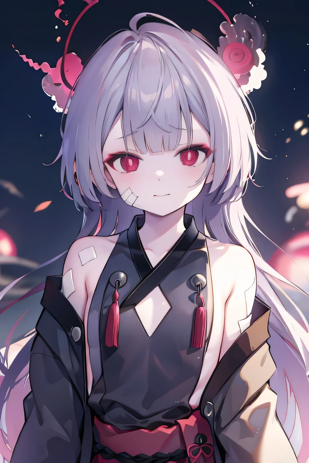 shuro, halo, flat chest, very long hair, bandages, bandaged arm, bandaid, japanese clothes, kimono, sleeveless, 8k resolutions, night time, super happy, outside, fireworks, realistic eyes, lightning, neon, detailed eyes, cute