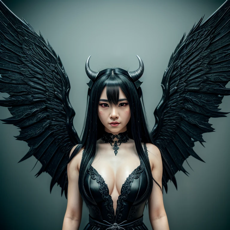 1 female demon with wings, Japanese, Asian eyes, horned, ultra-detailed face and eyes, white hair, hyper-realistic, realistic depiction, 30 years old, wearing a long black dress, dancing through hell, full body view
