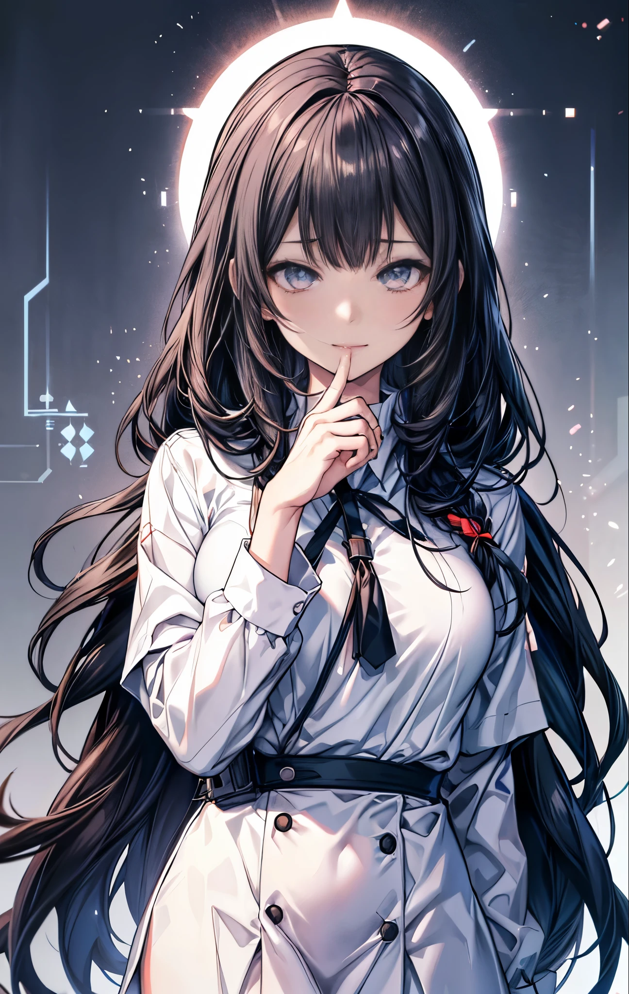 anime girl with long black hair and white shirt leaning on her chin, anime visual of a cute girl, anime moe artstyle, from girls frontline, gapmoe yandere, anime girl with long hair, (anime girl), slightly happy facial expression, female anime character, with index finger, ilya kuvshinov with long hair, smooth anime cg art