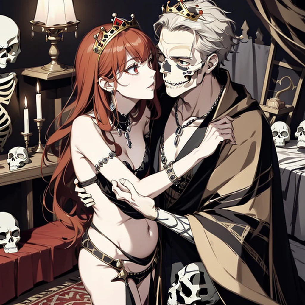 ((highest quality)), ((masterpiece)), (be familiar with), Perfect Face、The Enchanting Body of Celica(FE)、female1peopleと男1people、Red hair、The perfect proportions、semi-long、necklace、Bangles、Caster wheel、Luxury Accessories、first round、Fallen into evil、Skeleton Fall、Blank look、Skull engagement ring、empty eyes、Eyes with lost highlights、Lifeless Eyes、Expression in love、Dark Room、Red magic circle on the floor、大量のSkeleton Candelabraと蝋燭、darkness、A large number of skull objects、Big magic circle on the floor、Skeleton Candelabra、Luxury Jewelry、Skeleton Crown、Large skull pendant、Bone ornaments、Skull Accessories、Temple of the Skeletons、Skeleton Crown、The 70-year-old Skull King is a man、A ton of skeletons、pregnancy、Last month of pregnancy、全naked、naked、Becoming a bony body、70The 20-year-old Skull King is my husband、70Become the wife of the 20-year-old Skull King、70A friendly pairing with the aged Skull King、70Cuddling with the old man Skull King、70Old man Skull King is a skeleton、Black bed with luxurious bone decor、Wear a skeleton on your head、incorporated into bones、Bed In、Making love in bed with 70-year-old Skull King、70Being petted by the old man Skull King、Embracing and deep kissing 70-year-old man Skull King、70Old man Skull King fondles her breasts and touches her pussy while deep kissing her、I love the 70 year old man Skull King、70-year-old man hugs Skull King、Take off your clothes