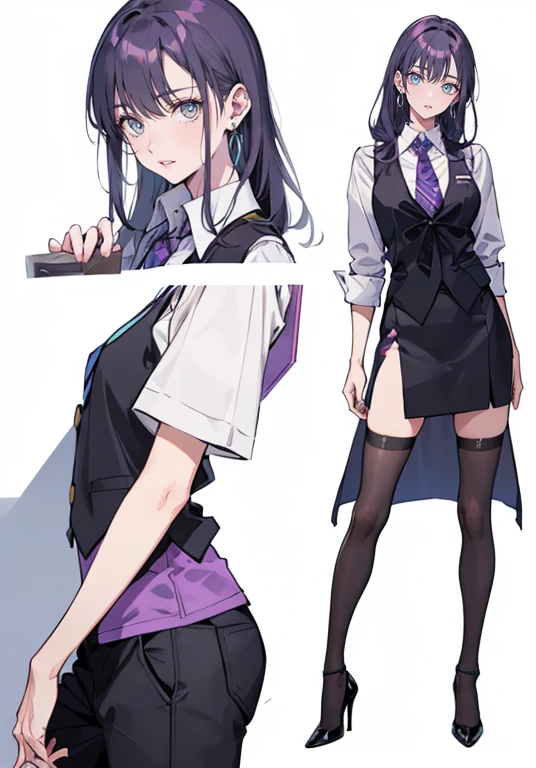 ((Perfect Face)),Purple Hair,voluminous long hair,1 female,bartender,suit,Black vest,Shirt with rolled up sleeves,tie,slit,High heels,,((Simple Background)),smile,((whole body)),((whole body)),Portraiture,virtual,upright,,both arms are down,Standing upright with face and body facing forward,