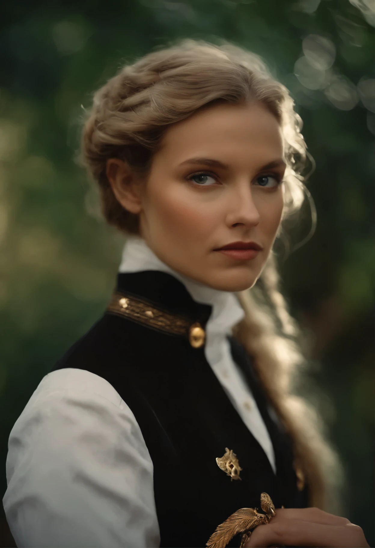 Surrealist Portraits of Women by David Hockney and Alphonse Mucha,Fantasy Art, Photo-realistic, Dynamic Lighting, Art Station, poster, Volumetric Lighting, Very detailed faces, 4 thousand, The award-winning,, 1 Girl, in the darkness, Deep Shadow, Low profile,Cowboy shooting,(Official uniform:1.4) ,Long hair,white hair,