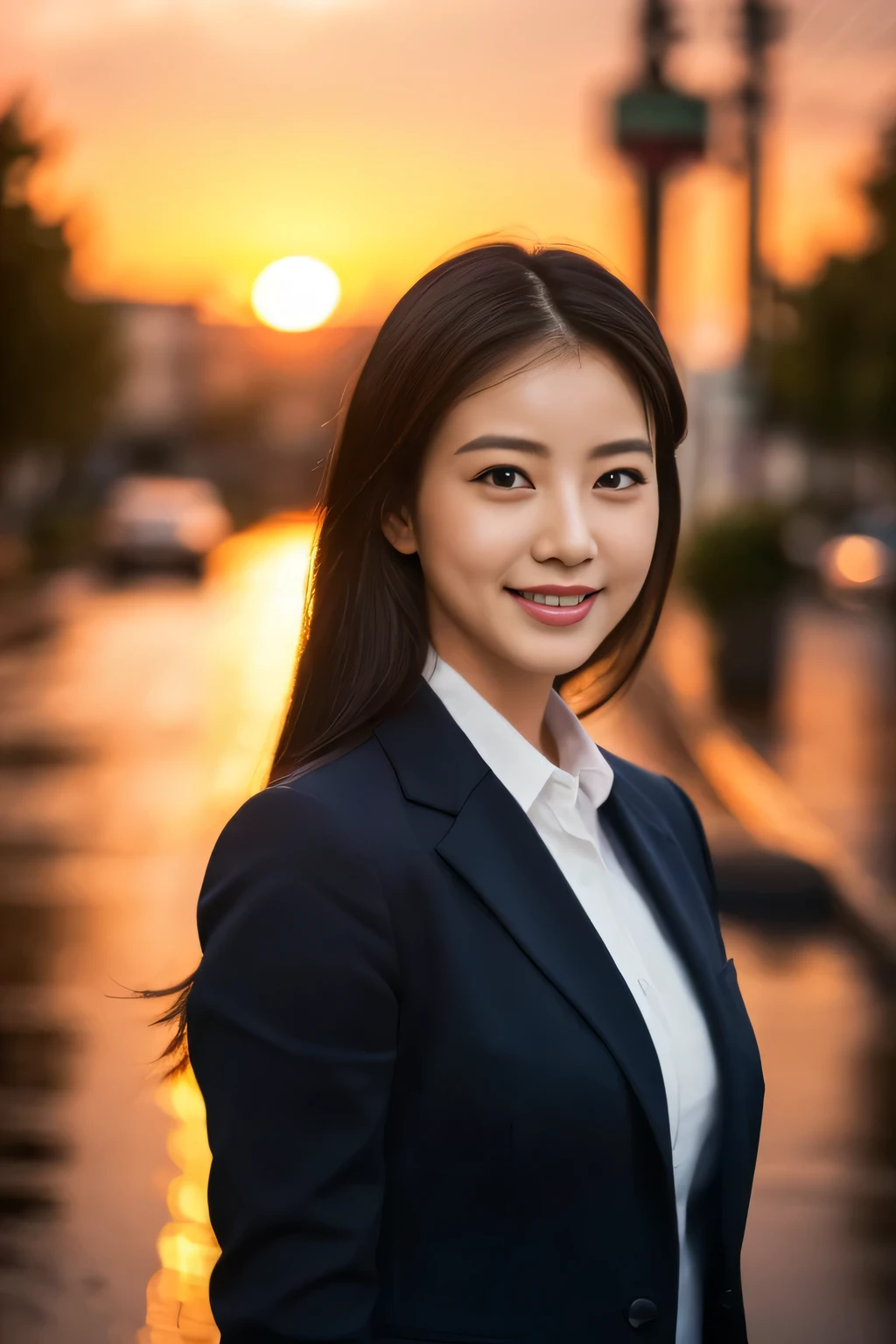 ((Tabletop:1.4, highest quality)), (Realistic photos:1.4),
((1 girl)), (Beautiful actress), (dream-like),
(超High resolution:1.2), Very delicate and beautiful, wonderful, very detailed Cg Unity 8K wallpaper, Very detailed, High resolution,
Soft Light, Beautiful detailed girl, Very detailedな目と顔, Beautiful and detailed nose, Beautiful and detailed,
(business suit:1.3),
Cinema Lighting, Perfect Anatomy, Slender body,
(Office district in the evening after the rain:1.3), (Outdoor), (Sunset, afterglow:1.4), (Reflection on wet road),
Cowboy Shot, Looking at the audience, Old-fashioned smile