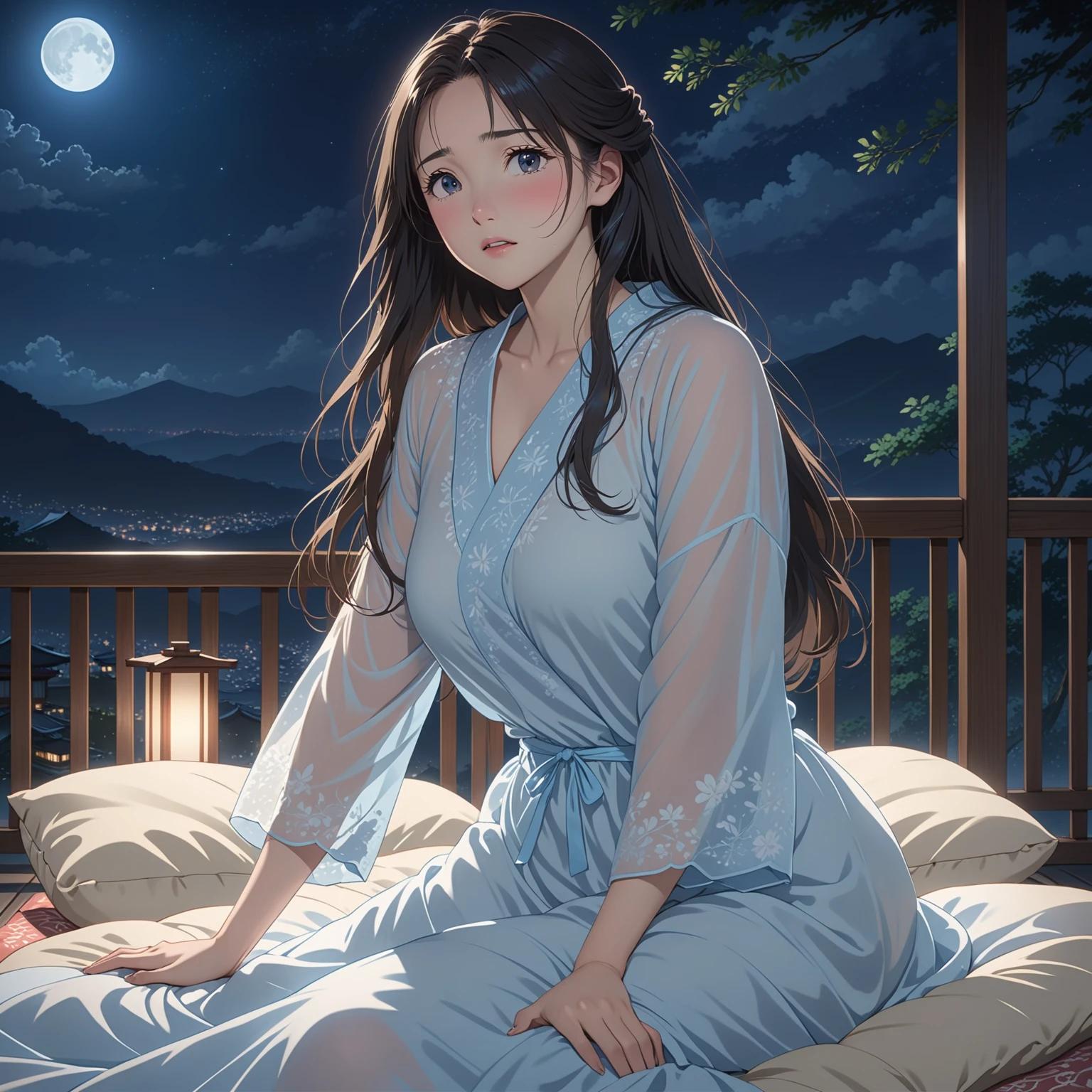 masterpiece, High resolution, illustration, kyoto animation style, Your name is cinematic style, night, midnight, moonlight, (female:1.3), (alone:2), long eyelashes, long hair, nose blushing, futon, embarrassed, transparent nightdress, cowboy shot, Hide with hands , Hide with hands, full gorgeous body, wide hips.