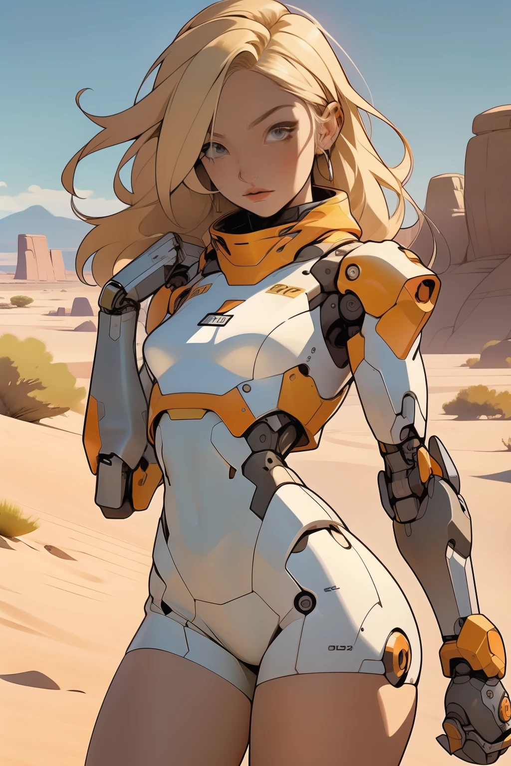 high quality, 4k, masterpiece, beautiful, cyborg girl, cowboy shot, dull eyes, front, looking at viewer, long blonde hair, girl, small breasts, fit thighs, robotic arms, robotic body, cyborg body, white & yellow uniform, orange accent, intricate detail, joint, detailed lines, robotic detail, holding fist up, holding hand up as fist, color robotic parts, robotic parts with color, perfect fingers, on a desert planet, sunny background, colorful desert, a river or a lake in the background, slender thighs, skinny thighs,
