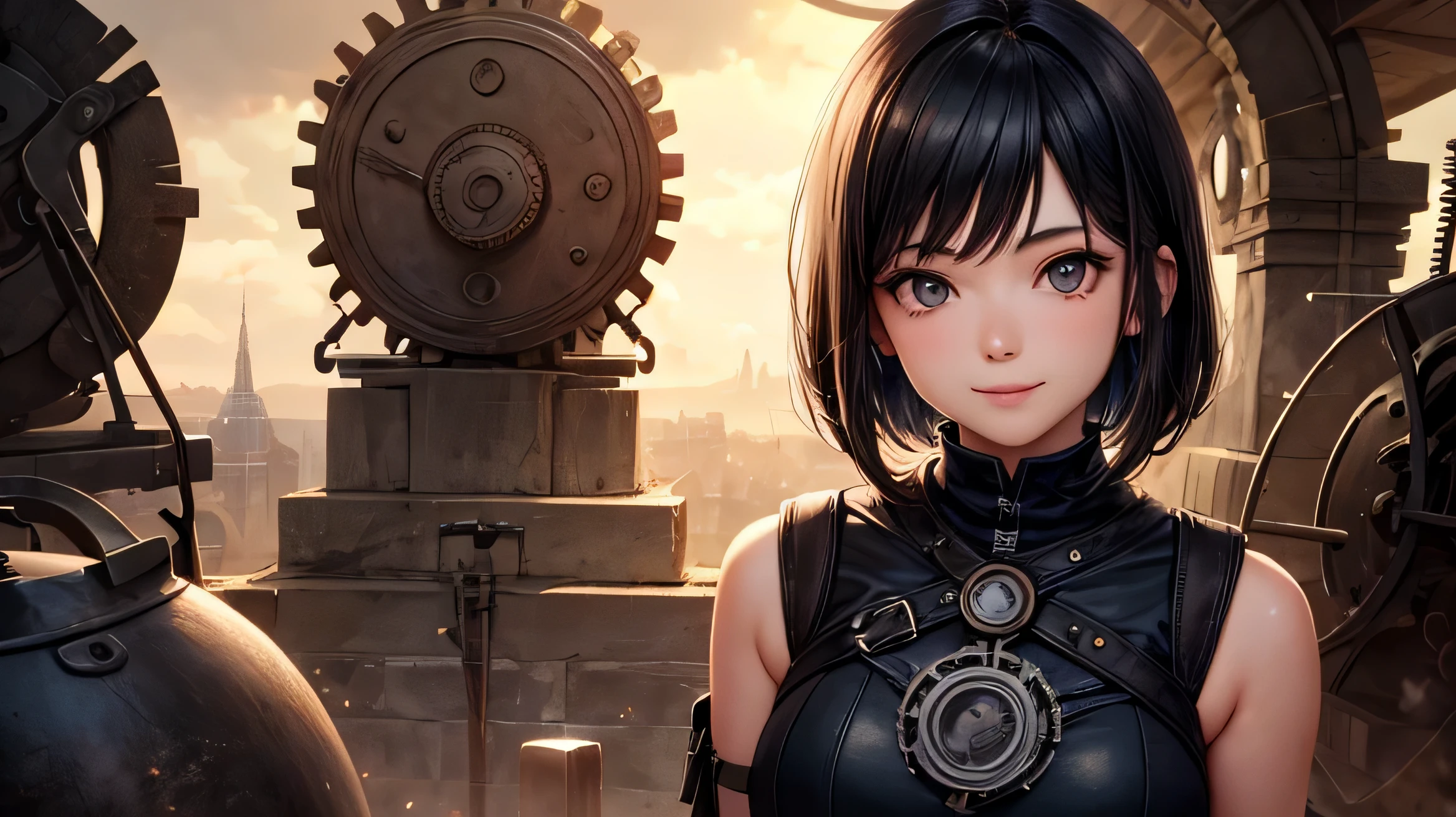 Age 20,
Female,
Plump body,
Smile,
Detailed facial description,
Black hair,
short bob,
detailed hair description,
Steampunk outfit,
Sepia tones throughout,
Steam,
gears,
