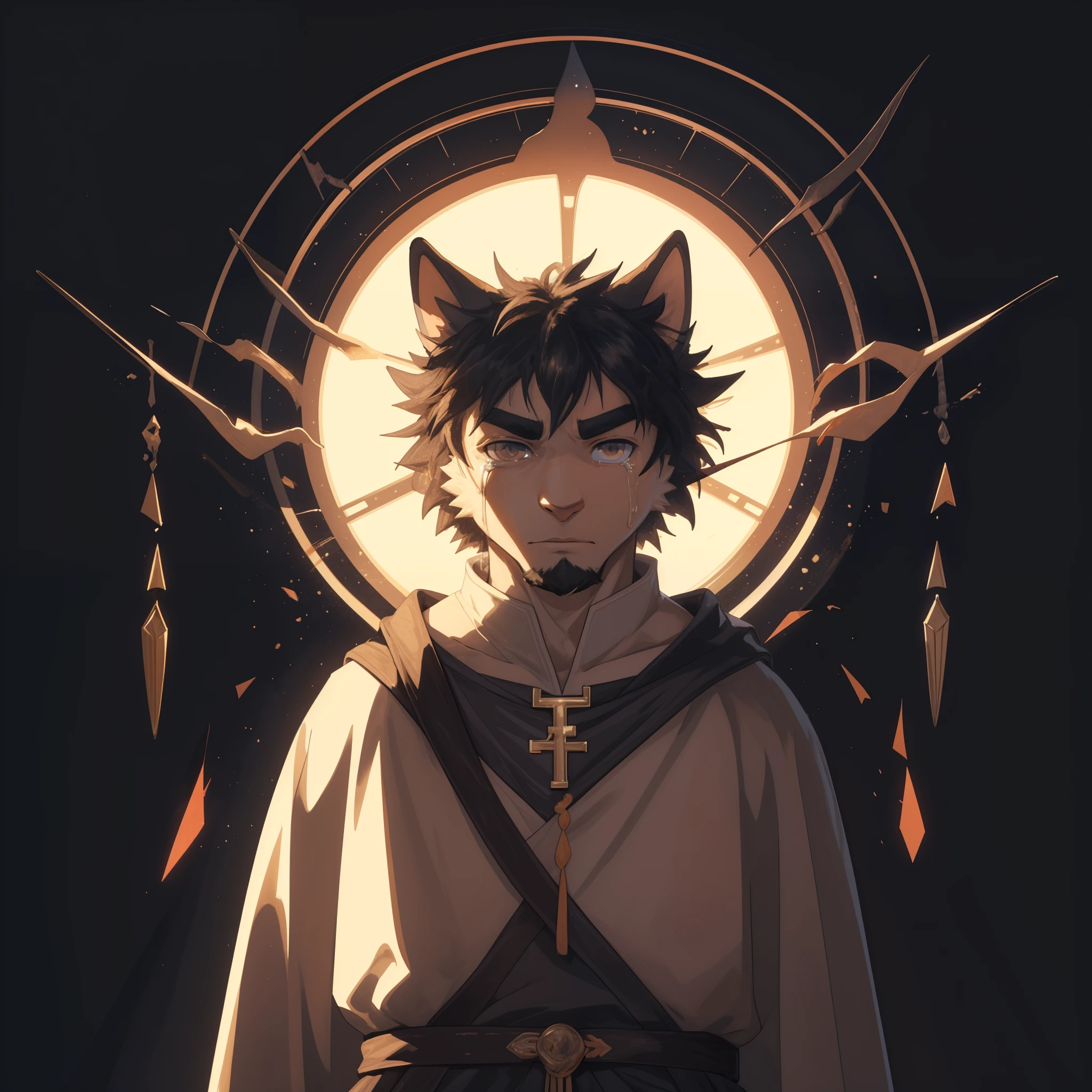 A handsome young priest looks up while weeping toward the cross ✝️. He has some demonic features about him. wearing a blue glowing raincoat. He has one eye crying, against a solid black background, oil painting, up view, Full body, dynamic demon, in a style of Ghibli from the 90s