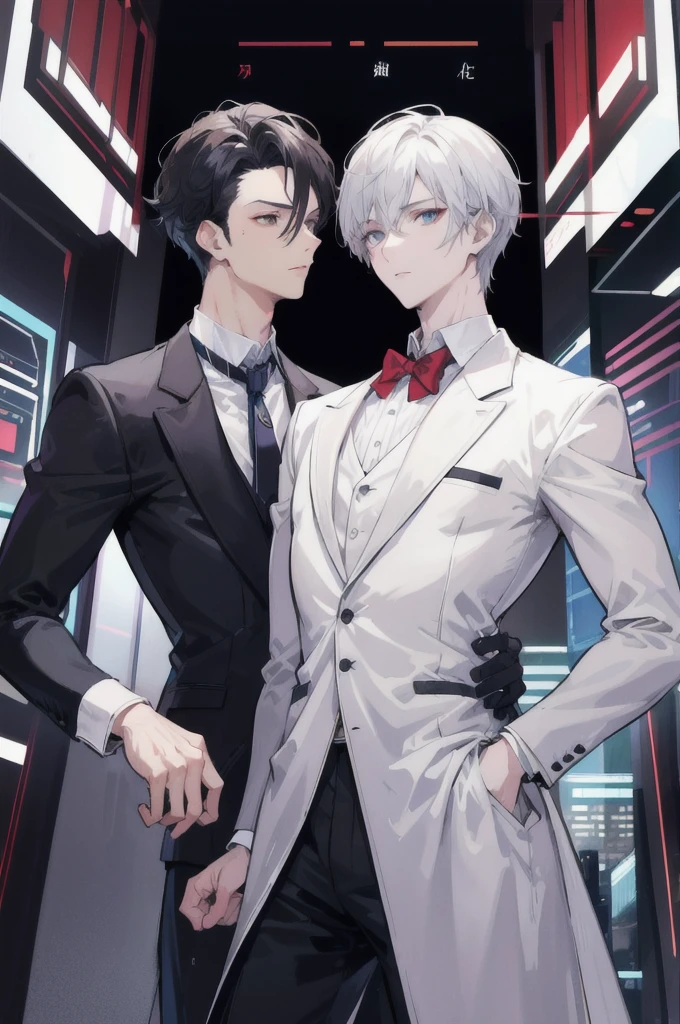 Two male protagonists，All in suits，Probably 28 years old，Background is urban style，Second Dimension，Handsome，Masterpiece，novel cover，Upper body only，Delicate face