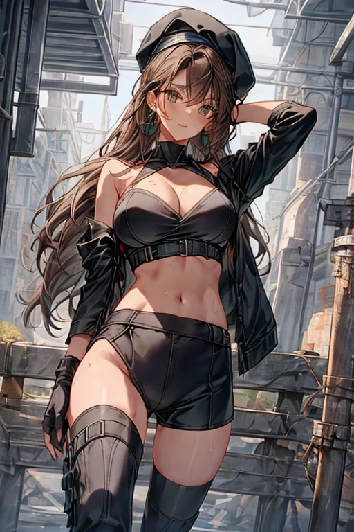 ubel,dark green hair,long hair,side ponytail,hair between eyes,bangs, BREAK (beret, black jacket, open clothes, cleavage, midriff, black shorts, black thighhighs, thigh strap, fingerless gloves, single glove:1.2), Photo,sharpness, F1.6 lens,hyper-realistic textures,spectacular light textures, Cinestil 800 Fashion Mechanics,(((Beautiful woman with left leg restrained and hung by chains))),Appearance,Beautiful girl with accentuated slender abs: 1.1,six-pack abs: 1.1, Bust Botox,Standing on tiptoe, long legs,Long brown hair fluttering in the wind,Brown hair, Long hair, Female Warrior Costume,(No panties,No bra),(tacticul  battle fashion,elbow and knee cyberpad, cyberglove: 1.1),((beautiful costume)),The belly comes out and the navel is visible,Thin sheer costume, combat gloves,shredded costumes,cyber long combat boots with golden knee pads,Anatomical,(futuristic sci-fi battle fashion, new elbow and knee cyberpads, new cyberlong boots, new cybergloves: 1.1),((straddling the gundom shields and battle rifel)),(tied perfectly by iron chain), Restraint, Slave, collars, contempt, (Chained), 4 chains hung from heaven, Metallic shackles and fetters, wet crotch clearly visible,((Hands are restrained above the head)), the neck is chained,Chain from left knee to heaven,Chained by rusty iron chains,((the tip is protruding, areolas protruding,The shape of the pubic area is clearly visible)),Sweating,Wet,Wet crotch,Wet thighs,bloods,Junkyard,  Realistic, (cute, perfect clothes, skimpy clothes, cute: 1.3) ,Vast prison,((wide hospital with sunlight)), peeling ceilings, Rebar between, Realistic material details, Extreme details, Ultra-realistic materials,narrow waist,(with sparkling eyes and a contagious smile),looking at viewer,
