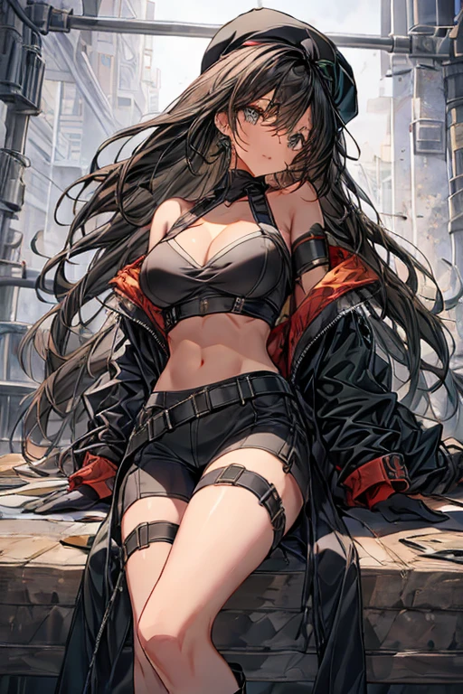 ubel,dark green hair,long hair,side ponytail,hair between eyes,bangs, BREAK (beret, black jacket, open clothes, cleavage, midriff, black shorts, black thighhighs, thigh strap, fingerless gloves, single glove:1.2), Photo,sharpness, F1.6 lens,hyper-realistic textures,spectacular light textures, Cinestil 800 Fashion Mechanics,(((Beautiful woman with left leg restrained and hung by chains))),Appearance,Beautiful girl with accentuated slender abs: 1.1,six-pack abs: 1.1, Bust Botox,Standing on tiptoe, long legs,Long brown hair fluttering in the wind,Brown hair, Long hair, Female Warrior Costume,(No panties,No bra),(tacticul battle fashion,elbow and knee cyberpad, cyberglove: 1.1),((beautiful costume)),The belly comes out and the navel is visible,Thin sheer costume, combat gloves,shredded costumes,cyber long combat boots with golden knee pads,Anatomical,(futuristic sci-fi battle fashion, new elbow and knee cyberpads, new cyberlong boots, new cybergloves: 1.1),((straddling the gundom shields and battle rifel)),(tied perfectly by iron chain), Restraint, Slave, collars, contempt, (Chained), 4 chains hung from heaven, Metallic shackles and fetters, wet crotch clearly visible,((Hands are restrained above the head)), the neck is chained,Chain from left knee to heaven,Chained by rusty iron chains,((the tip is protruding, areolas protruding,The shape of the pubic area is clearly visible)),Sweating,Wet,Wet crotch,Wet thighs,bloods,Junkyard, Realistic, (cute, perfect clothes, skimpy clothes, cute: 1.3) ,Vast prison,((wide hospital with sunlight)), peeling ceilings, Rebar between, Realistic material details, Extreme details, Ultra-realistic materials,narrow waist,(with sparkling eyes and a contagious smile),looking at viewer,