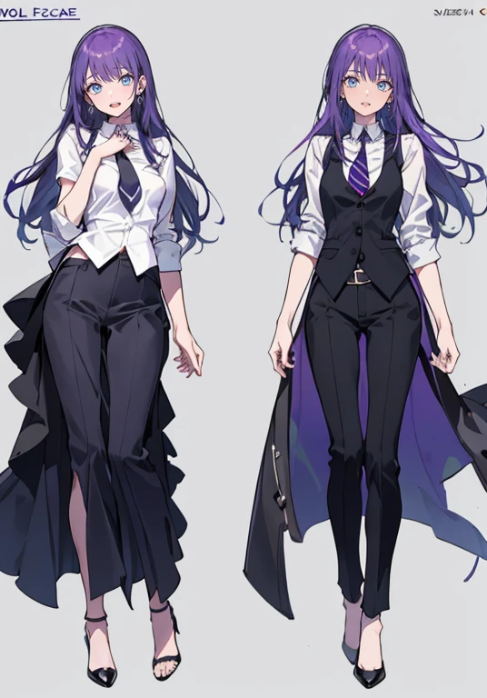 ((Perfect Face)),Purple Hair,voluminous long hair,1 female,bartender,suit,Black vest,Shirt with rolled up sleeves,tie,slit,High heels,,((Simple Background)),smile,((whole body)),((whole body)),Portraiture,virtual,upright,,both arms are down,Standing upright with face and body facing forward,