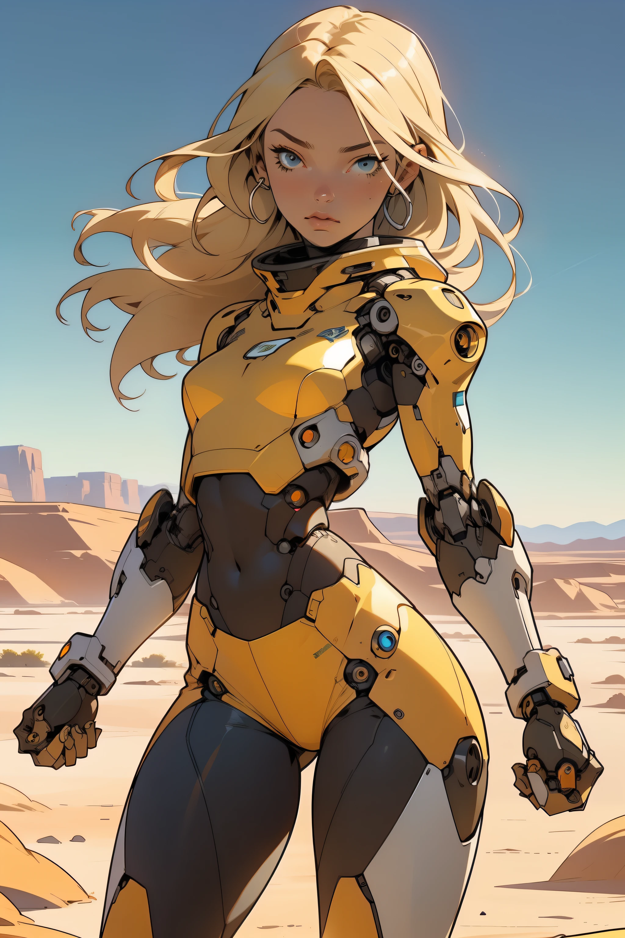 high quality, 4k, masterpiece, beautiful, cyborg girl, cowboy shot, dull eyes, front, looking at viewer, long blonde hair, girl, small breasts, fit thighs, robotic arms, robotic body, cyborg body, white & yellow uniform, orange accent, intricate detail, joint, detailed lines, robotic detail, holding fist up, holding hand up as fist, color robotic parts, robotic parts with color, perfect fingers, on a desert planet, sunny background, colorful desert, a river or a lake in the background, slender thighs, skinny thighs,