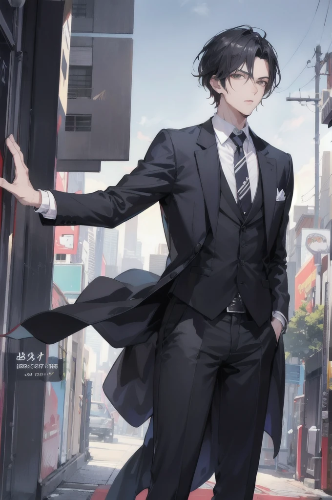 Two male protagonists,All in suits,Probably 28 years old,Background is urban style,Second Dimension,Handsome,Masterpiece,novel cover,Upper body only,Delicate face,Black Hair