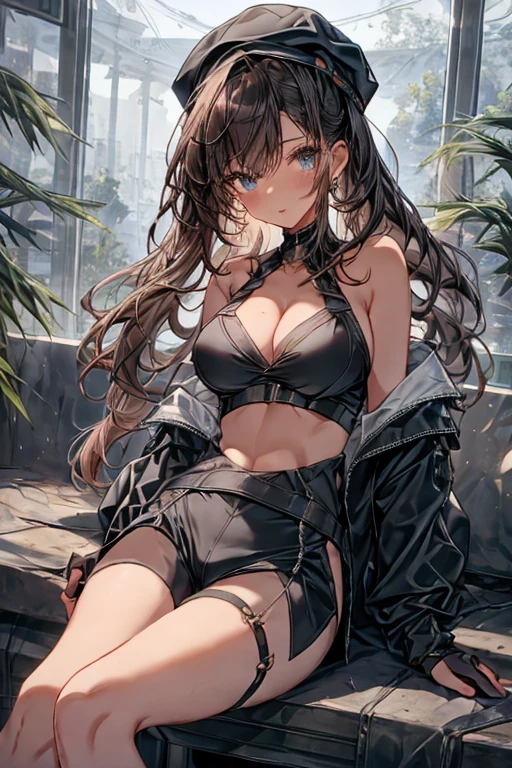 (higher resolution, distinct_image) The best quality, a woman, masterpiece, highly detailed, semi realistic, 26 years old, beautiful, young, handsome, interlaced white blue dress, small gem necklace on neck, exterior, cafe seat, window, sitting, afternoon, blush, smiling,ubel,dark green hair,long hair,side ponytail,hair between eyes,bangs, BREAK (beret, black jacket, open clothes, cleavage, midriff, black shorts, black thighhighs, thigh strap, fingerless gloves, single glove:1.2), Photo,sharpness, F1.6 lens,hyper-realistic textures,spectacular light textures, Cinestil 800 Fashion Mechanics,(((Beautiful woman with left leg restrained and hung by chains))),Appearance,Beautiful girl with accentuated slender abs: 1.1,six-pack abs: 1.1, Bust Botox,Standing on tiptoe, long legs,Long brown hair fluttering in the wind,Brown hair, Long hair, Female Warrior Costume,(No panties,No bra),(tacticul battle fashion,elbow and knee cyberpad, cyberglove: 1.1),((beautiful costume)),The belly comes out and the navel is visible,Thin sheer costume, combat gloves,shredded costumes,cyber long combat boots with golden knee pads,Anatomical,(futuristic sci-fi battle fashion, new elbow and knee cyberpads, new cyberlong boots, new cybergloves: 1.1),((straddling the gundom shields and battle rifel)),(tied perfectly by iron chain), Restraint, Slave, collars, contempt, (Chained), 4 chains hung from heaven, Metallic shackles and fetters, wet crotch clearly visible,((Hands are restrained above the head)), the neck is chained,Chain from left knee to heaven,Chained by rusty iron chains,((the tip is protruding, areolas protruding,The shape of the pubic area is clearly visible)),Sweating,Wet,Wet crotch,Wet thighs,bloods,Junkyard, Realistic, (cute, perfect clothes, skimpy clothes, cute: 1.3) ,Vast prison,((wide hospital with sunlight)), peeling ceilings, Rebar between, Realistic material details, Extreme details, Ultra-realistic materials,narrow waist,(with sparkling eyes and a contagious smile),looking