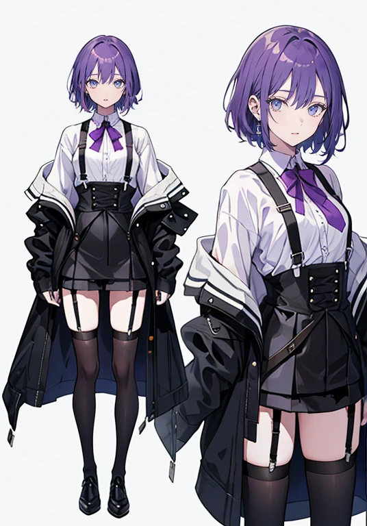 Purple hair,short hair,Adult female,((Rolling up your sleeves shirt)),(Corset),(Tight skirt),(high heels),((Simple White background)),Smile,((Full body)),((whole body)),Character Sheet,