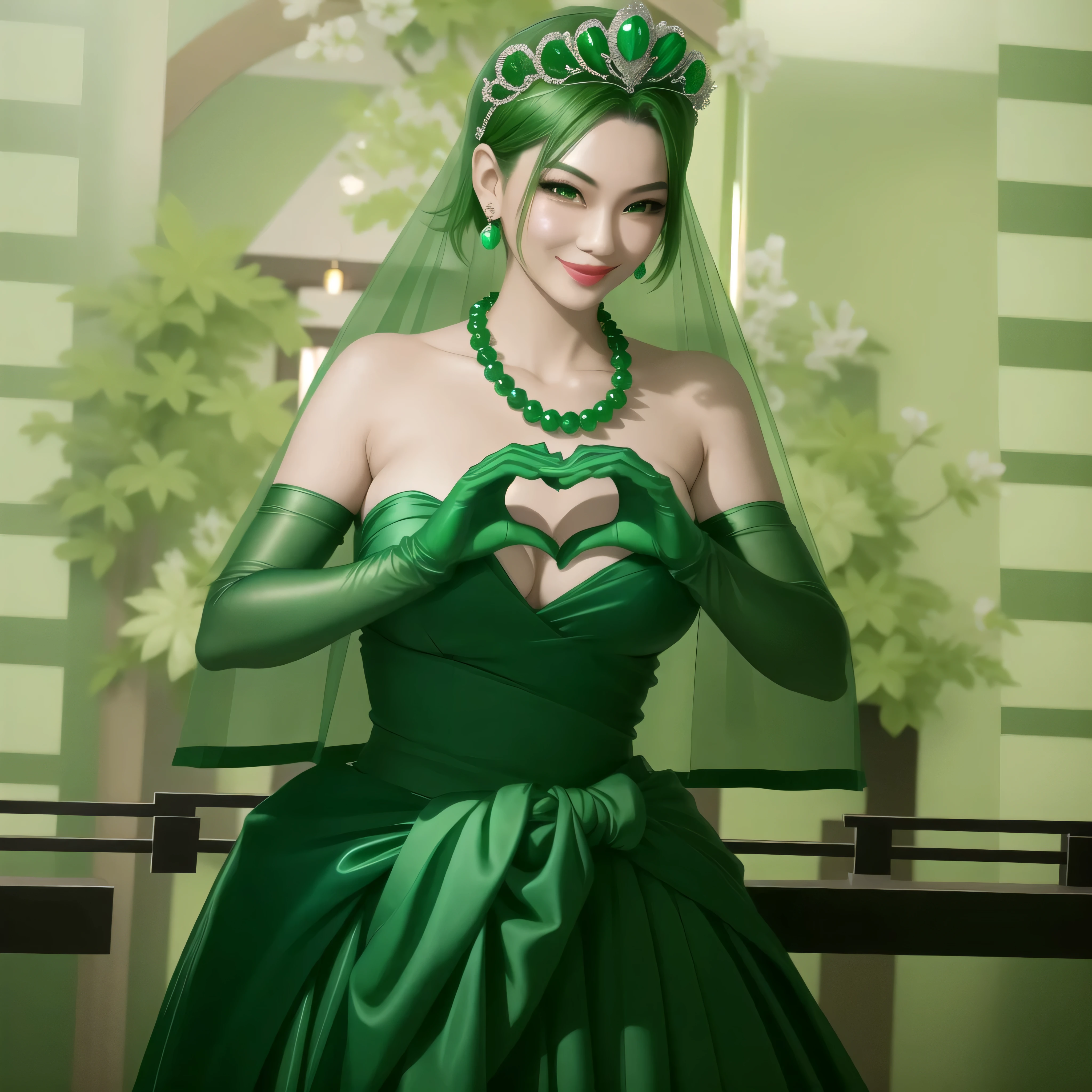 emerald tiara, green pearl necklace, boyish very short green hair, green lips, smiling Japanese woman, very short hair, Beautiful woman with big breasts, green eyes, green satin long gloves, green eyes, emerald earrings, green veil, Heart with both hands, green hair, beautiful japanese woman, heart shaped hands:1.3, green lip gloss