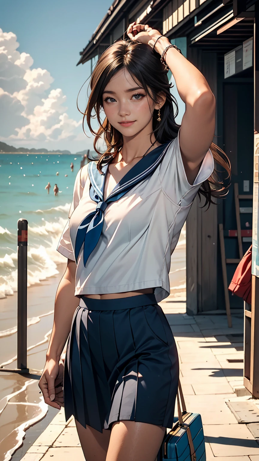 ((最high quality, 8K, masterpiece: 1.3, Ultra HD, high quality, 最high quality, High resolution, realism)) 、An extremely beautiful 18-year-old Japanese woman、hair color is black、Iriedium Hair、Straight Hair、smile、Slender but well-proportioned, slim and muscular body、Athlete-like body type、I want my head to stay off screen、Walk on a high seawall at the beach、I put my hand on my forehead and look at the sea、The blue sky is beautiful、There is an entrance cloud、It's summer、Sailor suit((Summer clothes))wear、Wear a navy blue pleated skirt、wear loafers、There is a road in front of the breakwater、There is a bus stop