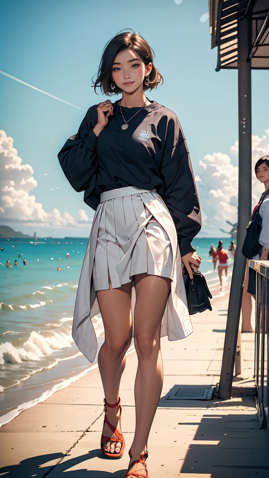 ((最high quality, 8K, masterpiece: 1.3, Ultra HD, high quality, 最high quality, High resolution, realism)) 、An extremely beautiful 18-year-old Japanese woman、hair color is black、Iriedium Hair、Straight Hair、smile、Slender but well-proportioned, slim and muscular body、Athlete-like body type、I want my head to stay off screen、Walk on a high seawall at the beach、I put my hand on my forehead and look at the sea、The blue sky is beautiful、There is an entrance cloud、It&#39;s summer、Sailor suit((Summer clothes))wear、Wear a navy blue pleated skirt、wear loafers、There is a road in front of the breakwater、There is a bus stop