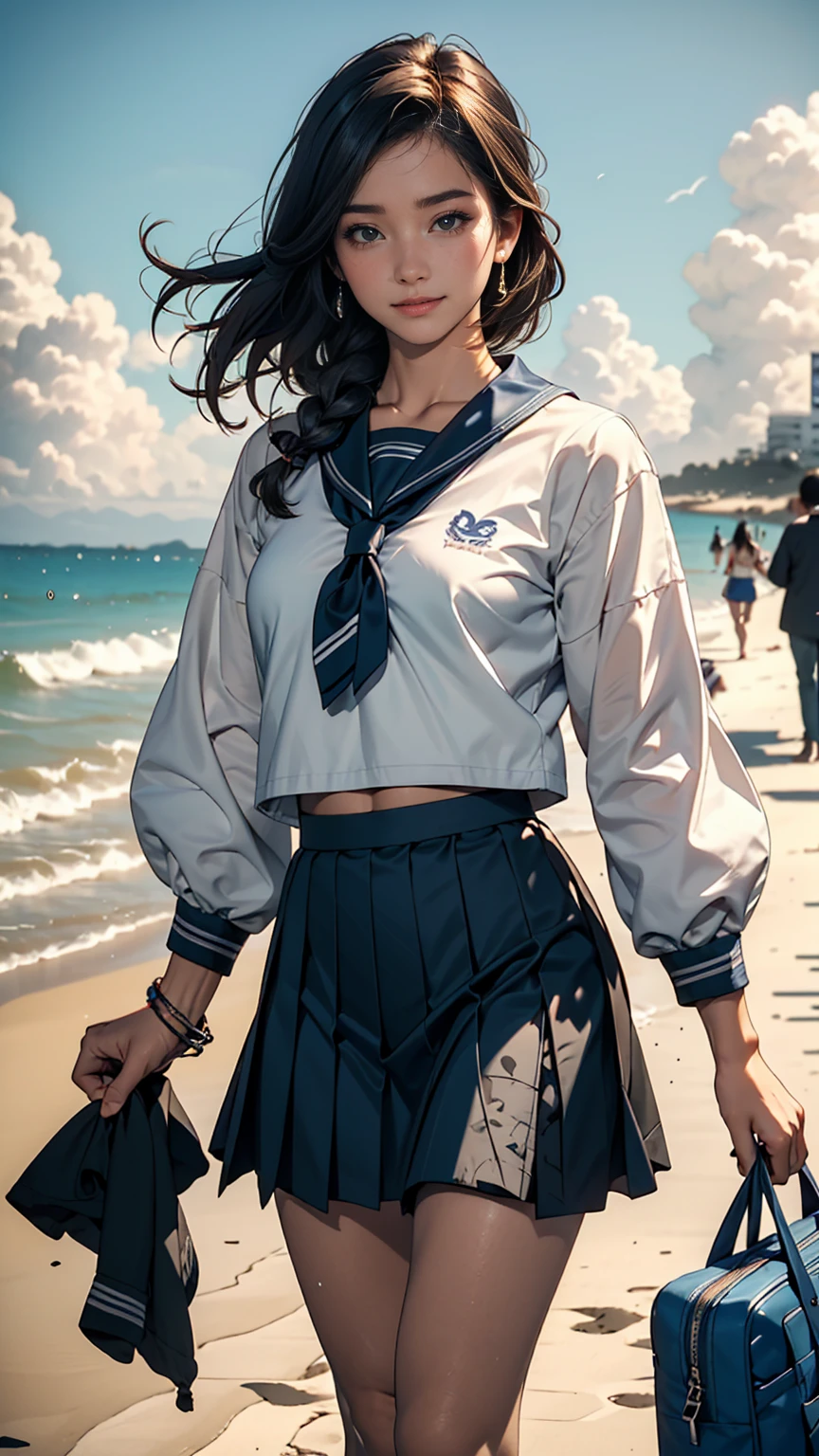 ((最high quality, 8K, masterpiece: 1.3, Ultra HD, high quality, 最high quality, High resolution, realism)) 、An extremely beautiful 18-year-old Japanese woman、hair color is black、Iriedium Hair、Straight Hair、smile、Slender but well-proportioned, slim and muscular body、Athlete-like body type、I want my head to stay off screen、Walk on a high seawall at the beach、I put my hand on my forehead and look at the sea、The blue sky is beautiful、There is an entrance cloud、It's summer、Sailor suit((Summer clothes))wear、Wear a navy blue pleated skirt、wear loafers、There is a road in front of the breakwater、There is a bus stop