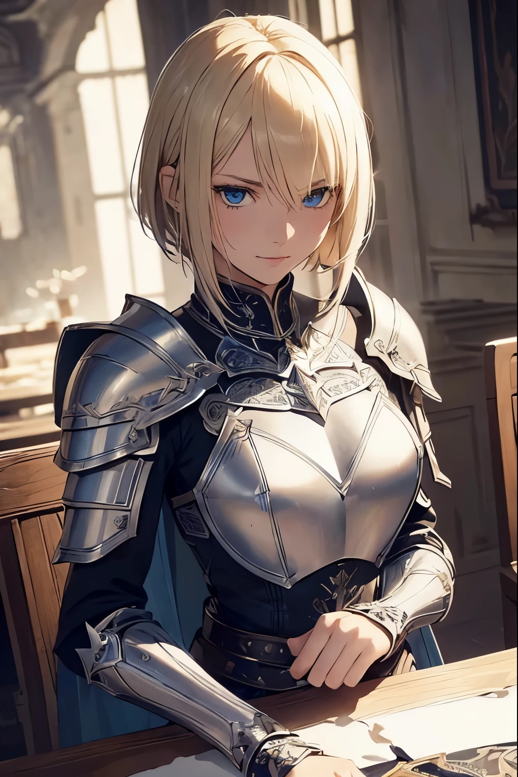 Long sword、knight armor、Messy blonde short hair,(Tabletop:1.2, highest quality), (Detailed blue eyes: 1.2), (Detailed Background), (Beautifully detailed face), High Contrast, (Best lighting, Very delicate and beautiful), ((Cinematic Light)), colorful, Hyper Detail, dramatic light, Intricate details、Belt under the chest、A kind smile