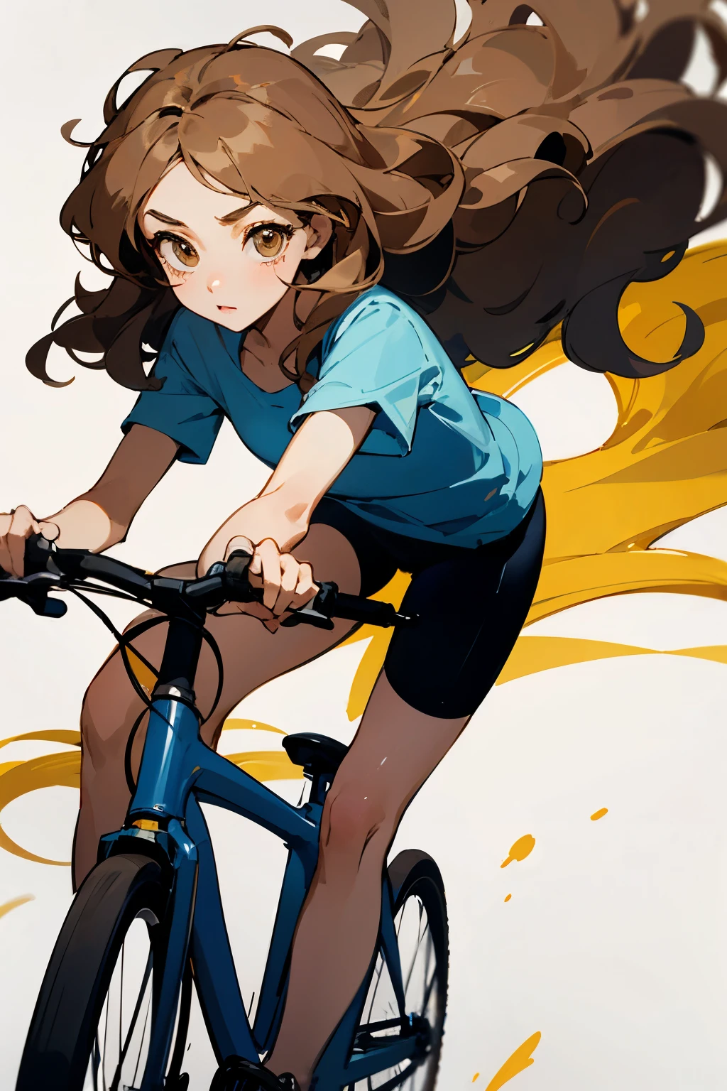 cartoon drawing of a young lady with light brown eyes and wavy hair,en bicicleta