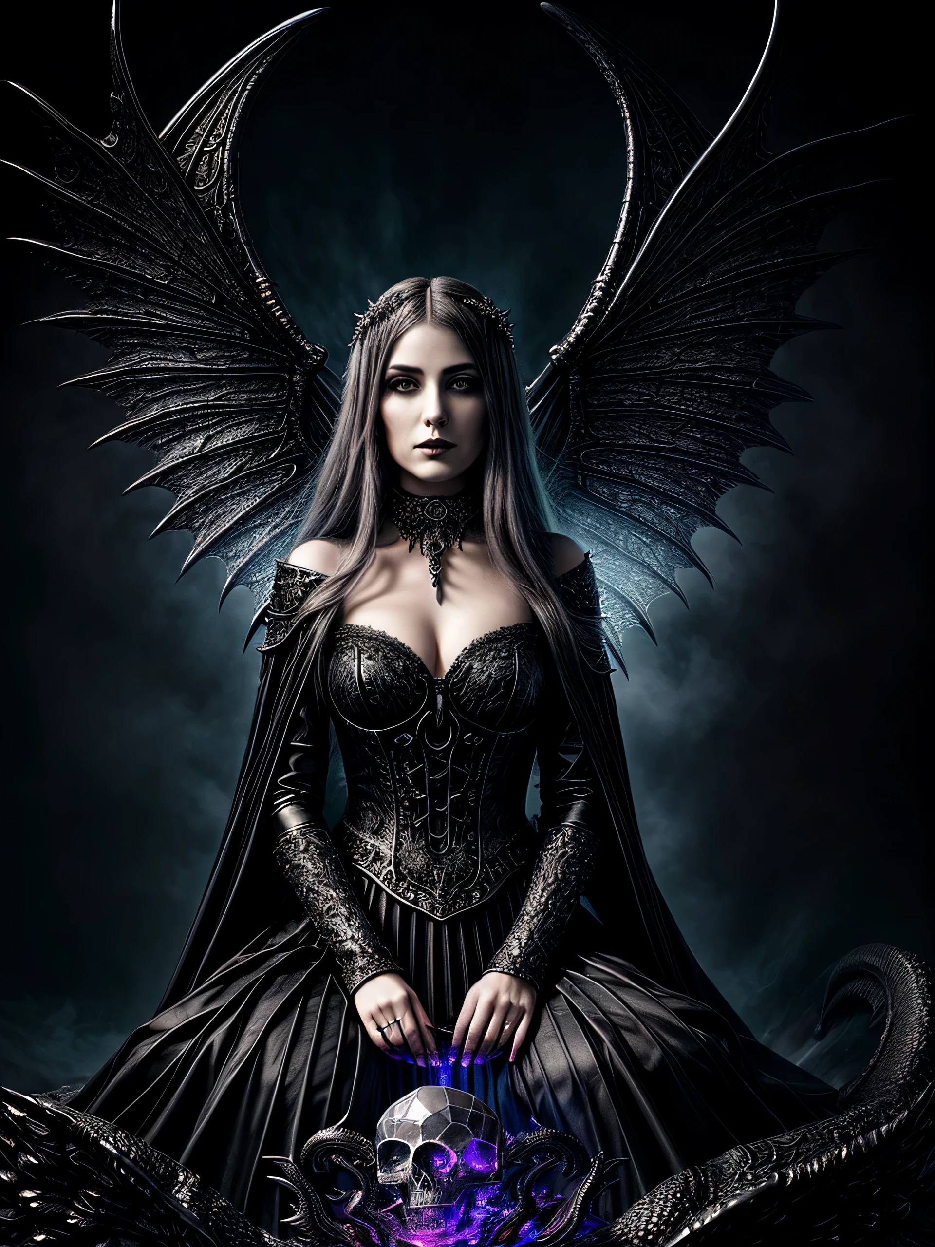 Gothic-style portrait of a female seated within a colossal crystal skull bowl, silver-grey wings unfurling behind her, amidst nebulous fire-lit cosmos as dragons soar around, elaborate silver jewelry on her person shimmers, with a chiaroscuro effect, in an ultra detailed digital painting.cm™