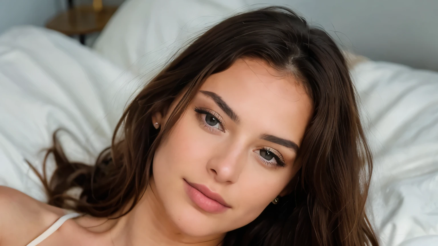 a brunette woman on her couch